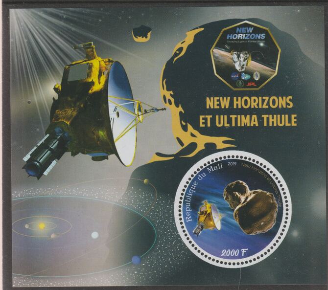 Mali 2019 Space - New Horizons perf sheet containing one circular value unmounted mint, stamps on shaped, stamps on space