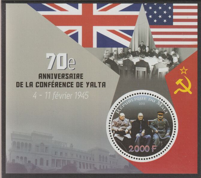 Mali 2015 Yalta Conference - 70th Anniversary perf sheet containing one circular value unmounted mint, stamps on shaped, stamps on yalta, stamps on  ww2 , stamps on flags