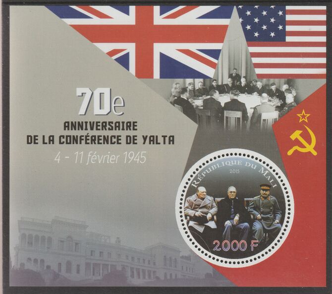 Mali 2015 Yalta Conference - 70th Anniversary perf sheet containing one circular value unmounted mint, stamps on , stamps on  stamps on shaped, stamps on  stamps on yalta, stamps on  stamps on  ww2 , stamps on  stamps on flags