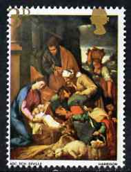 Great Britain 1967 Christmas 3d (Adoration by School of Seville) with gold misplaced (Queen's Head touching top perforations & value split) unmounted mint but some imperfections which suggests this was probably the result of a paper fold, SG 756var, stamps on , stamps on stamps on christmas, stamps on stamps on arts