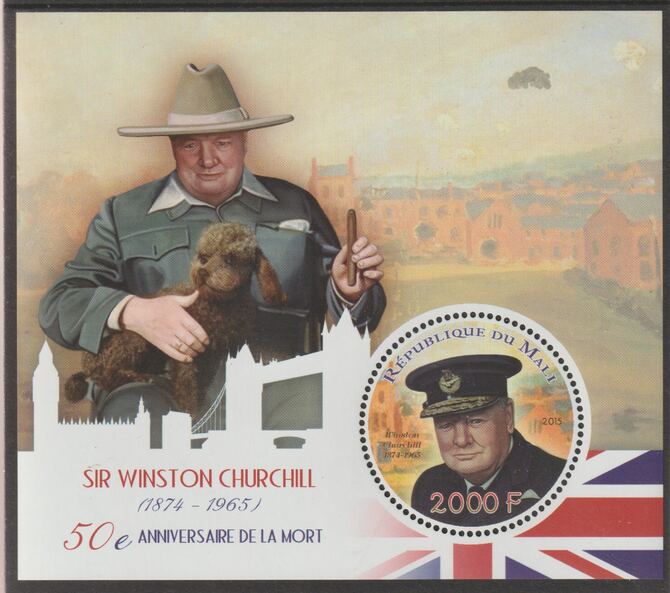 Mali 2015 Winston Churchill - 50th Death Anniversary perf sheet containing one circular value unmounted mint, stamps on shaped, stamps on personalities, stamps on churchill, stamps on constitutions, stamps on  ww2 , stamps on dogs, stamps on smoking