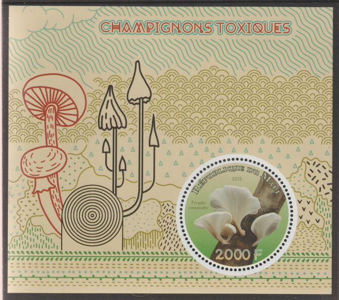 Mali 2015 Poisonous Mushrooms perf sheet containing one circular value unmounted mint, stamps on shaped, stamps on fungi