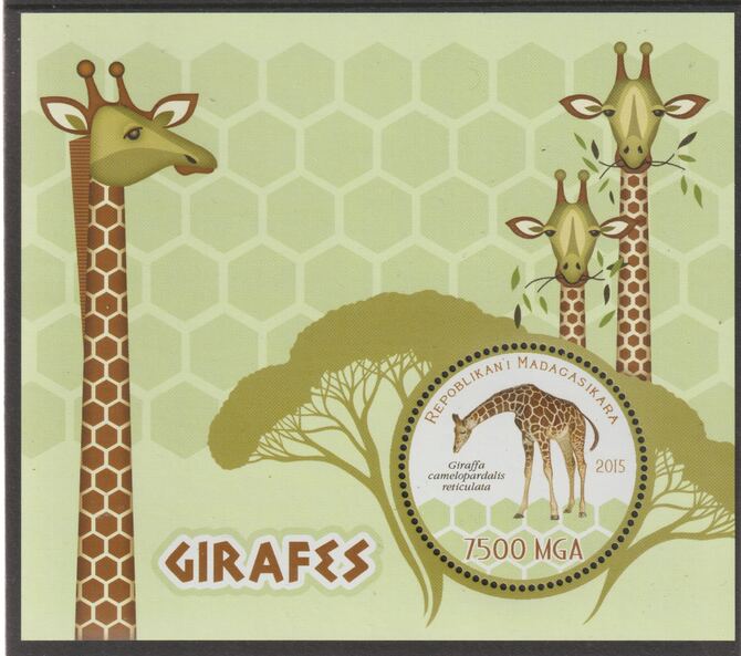 Madagascar 2015 Giraffes perf sheet containing one circular value unmounted mint, stamps on shaped, stamps on animals, stamps on giraffes