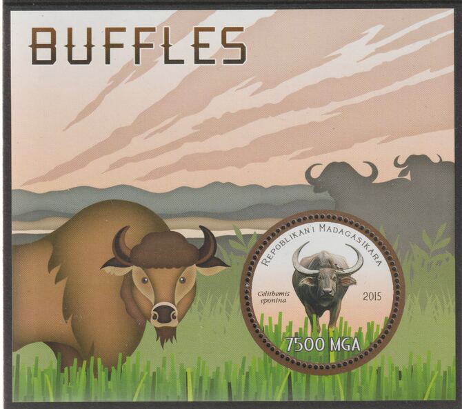Madagascar 2015 Buffaloes perf sheet containing one circular value unmounted mint, stamps on shaped, stamps on animals, stamps on buffaloes