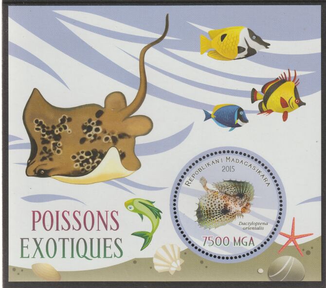 Madagascar 2015 Exotic Fish perf sheet containing one circular value unmounted mint, stamps on shaped, stamps on fish