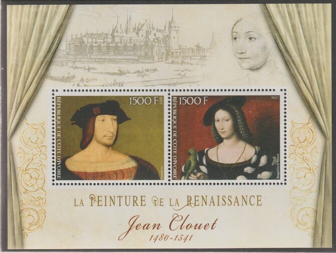 Ivory Coast 2017 Renaissance Painters - Jean Clouet perf sheet containing two values unmounted mint, stamps on , stamps on  stamps on personalities, stamps on  stamps on arts, stamps on  stamps on paintings, stamps on  stamps on clouet