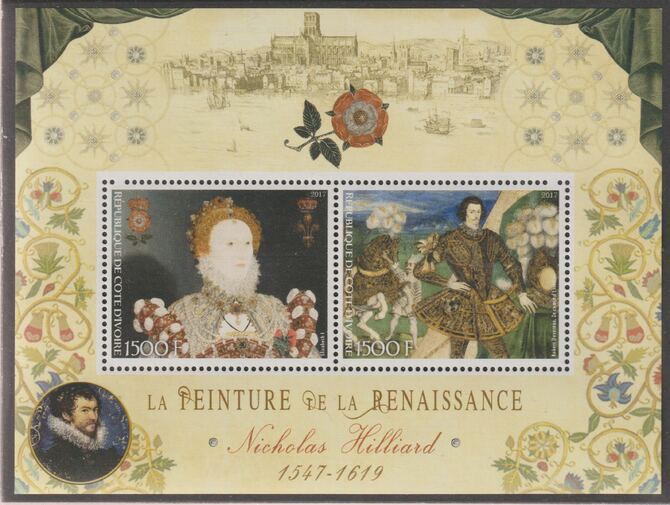 Ivory Coast 2017 Renaissance Painters - Nicholas Hilliard perf sheet containing two values unmounted mint, stamps on personalities, stamps on arts, stamps on paintings, stamps on hilliard