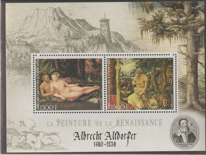Ivory Coast 2017 Renaissance Painters - Albrecht Altdorfer perf sheet containing two values unmounted mint, stamps on personalities, stamps on arts, stamps on paintings, stamps on altdorfer