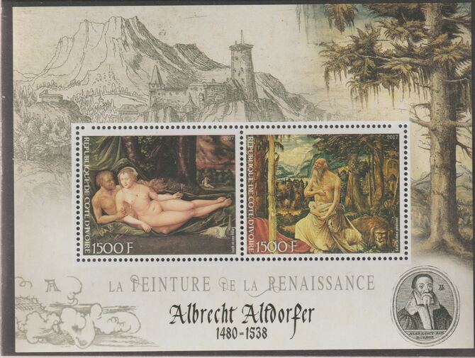 Ivory Coast 2017 Renaissance Painters - Albrecht Altdorfer perf sheet containing two values unmounted mint, stamps on , stamps on  stamps on personalities, stamps on  stamps on arts, stamps on  stamps on paintings, stamps on  stamps on altdorfer