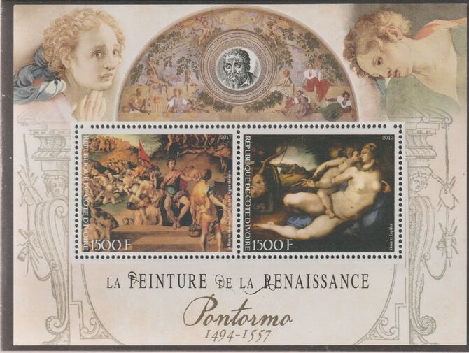 Ivory Coast 2017 Renaissance Painters - Jacopo Pontormo perf sheet containing two values unmounted mint, stamps on personalities, stamps on arts, stamps on paintings, stamps on pontormo