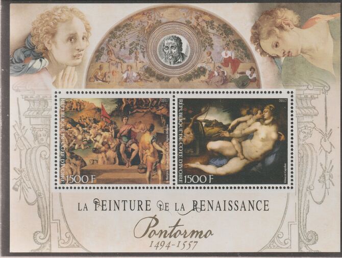 Ivory Coast 2017 Renaissance Painters - Jacopo Pontormo perf sheet containing two values unmounted mint, stamps on , stamps on  stamps on personalities, stamps on  stamps on arts, stamps on  stamps on paintings, stamps on  stamps on pontormo