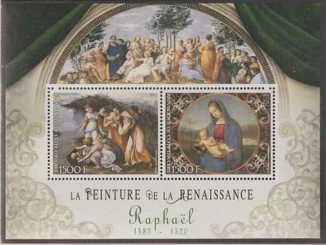 Ivory Coast 2017 Renaissance Painters - Raphael perf sheet containing two values unmounted mint, stamps on personalities, stamps on arts, stamps on paintings, stamps on raphael