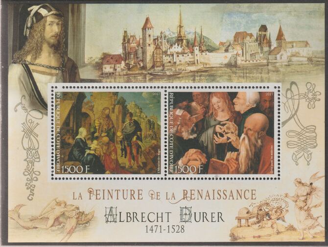 Ivory Coast 2017 Renaissance Painters - Albrecht Durer perf sheet containing two values unmounted mint, stamps on , stamps on  stamps on personalities, stamps on  stamps on arts, stamps on  stamps on paintings, stamps on  stamps on durer
