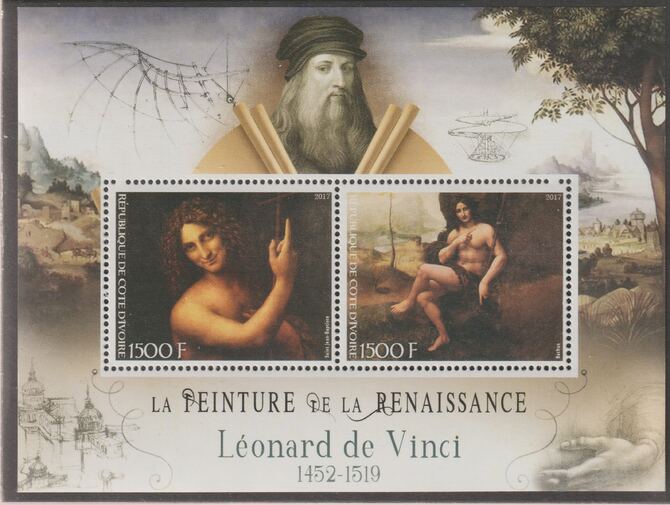 Ivory Coast 2017 Renaissance Painters - Leonardo da Vinci perf sheet containing two values unmounted mint, stamps on personalities, stamps on arts, stamps on paintings, stamps on leonardo da vinci