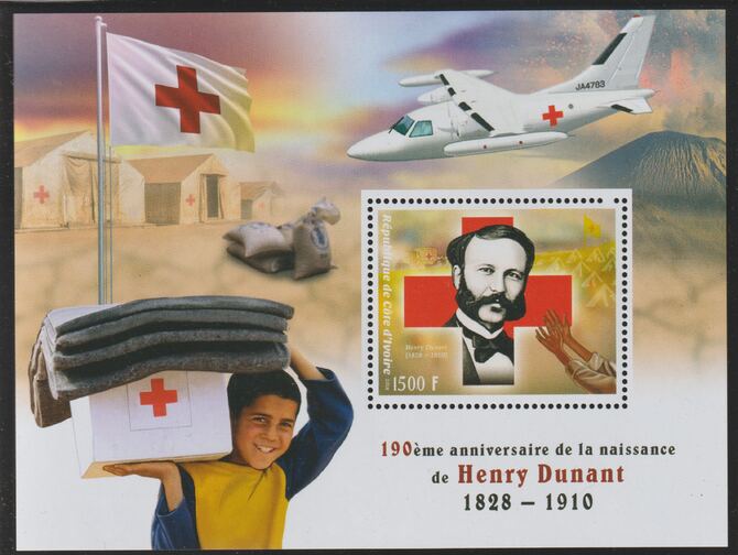 Ivory Coast 2018 Henry Dunant & Red Cross perf m/sheet #1 containing one value unmounted mint, stamps on personalities, stamps on dunant, stamps on red cross, stamps on aviation