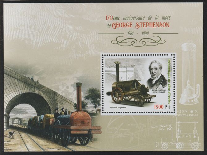 Ivory Coast 2018 George Stephenson perf m/sheet #1 containing one value unmounted mint, stamps on personalities, stamps on railways, stamps on stephenson
