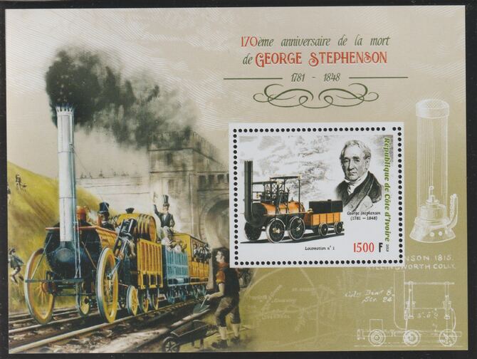 Ivory Coast 2018 George Stephenson perf m/sheet #2 containing one value unmounted mint, stamps on personalities, stamps on railways, stamps on stephenson