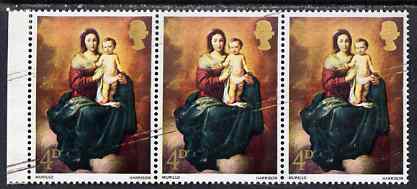 Great Britain 1967 Christmas 4d (Murillo) marginal strip of 3 with diagonal scratches affecting all 3 stamps, unmounted mint and most unusual, SG 757var, stamps on christmas, stamps on arts