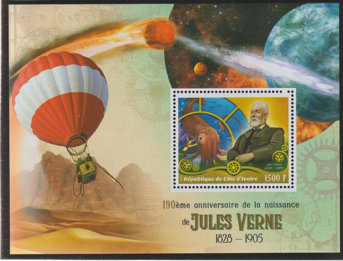 Ivory Coast 2018 Jules Verne 190th Birth Anniversary perf m/sheet #2 containing one value unmounted mint, stamps on personalities, stamps on literature, stamps on sci-fi, stamps on balloons