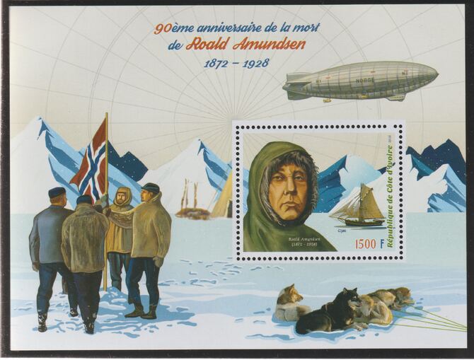 Ivory Coast 2018 Roald Amundsen 90th Death Anniversary perf m/sheet #1 containing one value unmounted mint, stamps on personalities, stamps on explorer, stamps on amundsen, stamps on polar, stamps on airships