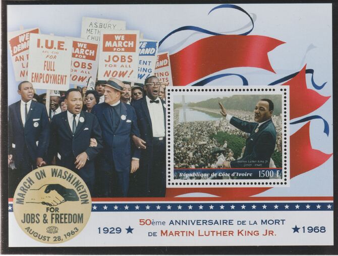 Ivory Coast 2018 Martin Luther King 50th Death Anniversary perf m/sheet #2 containing one value unmounted mint, stamps on personalities, stamps on civil rights, stamps on king