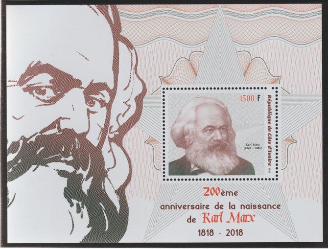 Ivory Coast 2018 Karl Marx 200th Birth Anniversary perf m/sheet #1 containing one value unmounted mint, stamps on personalities, stamps on constitutions