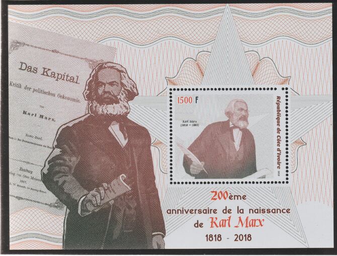 Ivory Coast 2018 Karl Marx 200th Birth Anniversary perf m/sheet #2 containing one value unmounted mint, stamps on personalities, stamps on constitutions