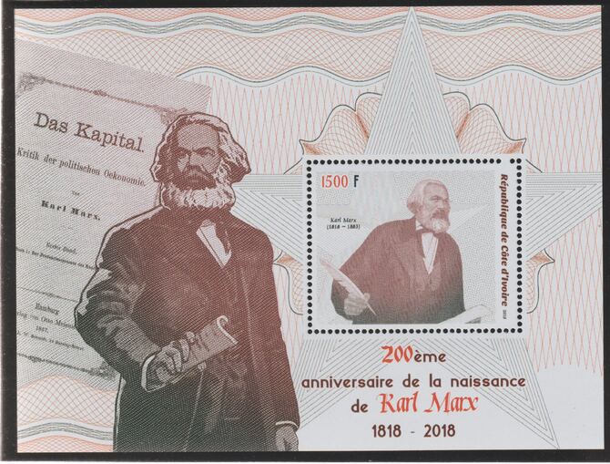 Ivory Coast 2018 Karl Marx 200th Birth Anniversary perf m/sheet #2 containing one value unmounted mint, stamps on , stamps on  stamps on personalities, stamps on  stamps on constitutions