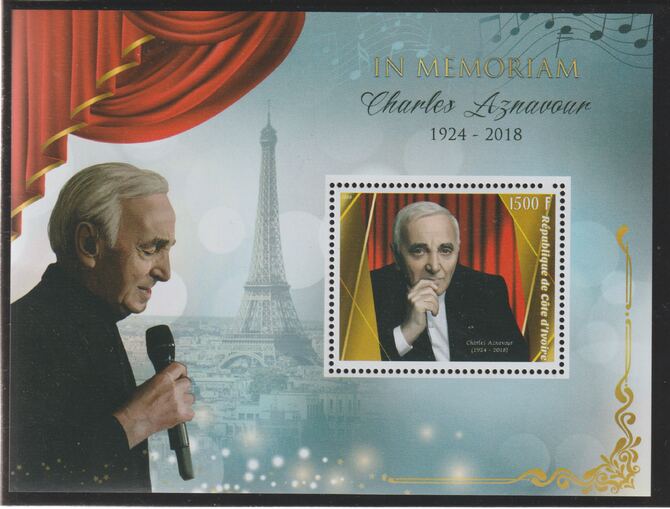 Ivory Coast 2018 Charles Aznavour - In Memorium perf m/sheet containing one value unmounted mint, stamps on , stamps on  stamps on personalities, stamps on  stamps on music, stamps on  stamps on pops, stamps on  stamps on 