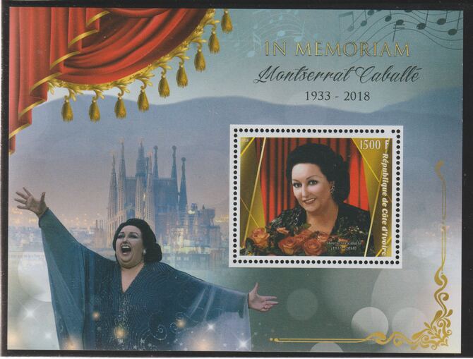 Ivory Coast 2018 Montserrat Caballe - In Memorium perf m/sheet containing one value unmounted mint, stamps on personalities, stamps on music, stamps on pops, stamps on 