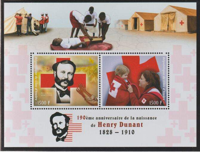 Ivory Coast 2018 Henry Dunant & Red Cross perf sheet containing two values unmounted mint, stamps on personalities, stamps on dunant, stamps on red cross, stamps on 