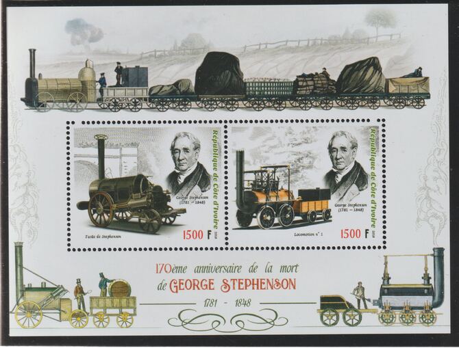 Ivory Coast 2018 George Stephenson perf sheet containing two values unmounted mint, stamps on , stamps on  stamps on personalities, stamps on  stamps on railways, stamps on  stamps on stephenson