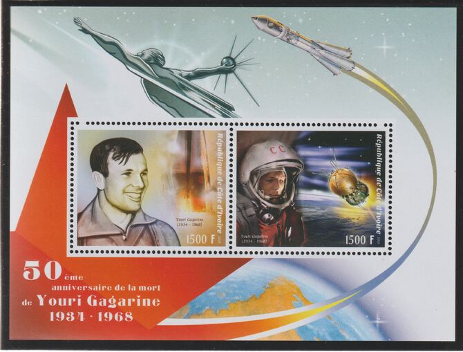 Ivory Coast 2018 Yuri Gagarin 50th Death Anniversary perf sheet containing two values unmounted mint, stamps on personalities, stamps on space, stamps on gagarin, stamps on rockets