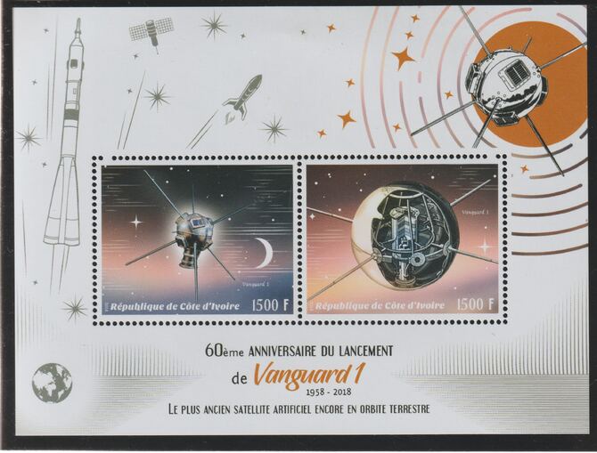 Ivory Coast 2018 Vanguard 1 - 60thAnniversary perf sheet containing two values unmounted mint, stamps on , stamps on  stamps on space, stamps on  stamps on satellites, stamps on  stamps on rockets