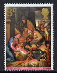 Great Britain 1967 Christmas 3d (Adoration by School of Seville) single with superb 1.5mm downward shift of rose, unmounted mint SG 756var, stamps on christmas, stamps on arts