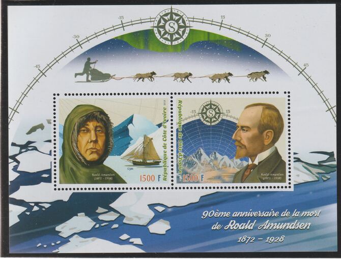 Ivory Coast 2018 Roald Amundsen 90th Death Anniversary pperf sheet containing two values unmounted mint, stamps on , stamps on  stamps on personalities, stamps on  stamps on explorer, stamps on  stamps on amundsen, stamps on  stamps on polar, stamps on  stamps on dogs