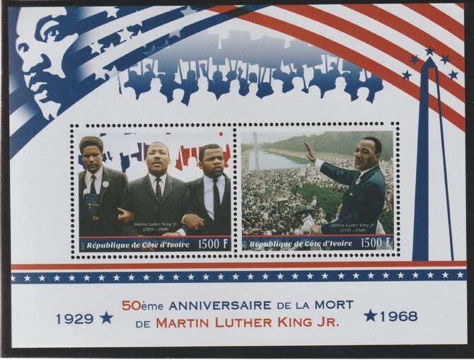 Ivory Coast 2018 Martin Luther King 50th Death Anniversary perf sheet containing two values unmounted mint, stamps on personalities, stamps on civil rights, stamps on king