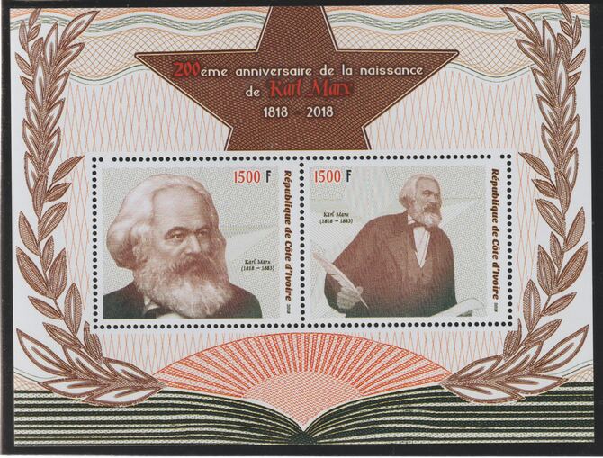 Ivory Coast 2018 Karl Marx 200th Birth Anniversary perf sheet containing two values unmounted mint, stamps on , stamps on  stamps on personalities, stamps on  stamps on constitutions