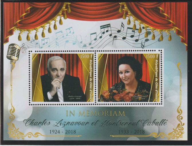 Ivory Coast 2018 Charles Aznavour & Montserrat Caballe - In Memorium perf sheet containing two values unmounted mint, stamps on personalities, stamps on music, stamps on pops, stamps on 