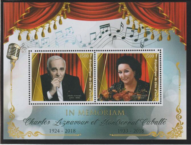 Ivory Coast 2018 Charles Aznavour & Montserrat Caballe - In Memorium perf sheet containing two values unmounted mint, stamps on , stamps on  stamps on personalities, stamps on  stamps on music, stamps on  stamps on pops, stamps on  stamps on 