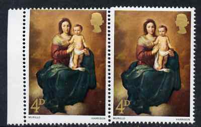 Great Britain 1967 Christmas 4d (Murillo) horizontal marginal pair with misplaced perf comb affecting left-hand stamp unmounted mint, SG 757var, stamps on christmas, stamps on arts