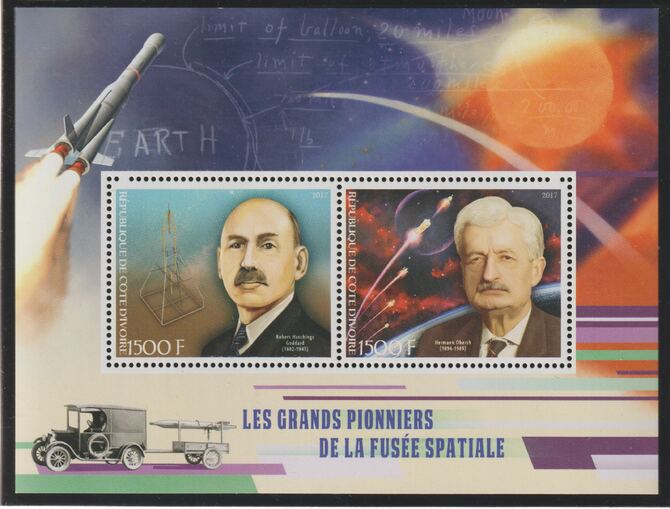Ivory Coast 2017 Pioneers of Rocket Flights #2 perf sheet containing two values unmounted mint, stamps on space, stamps on rockets, stamps on personalities