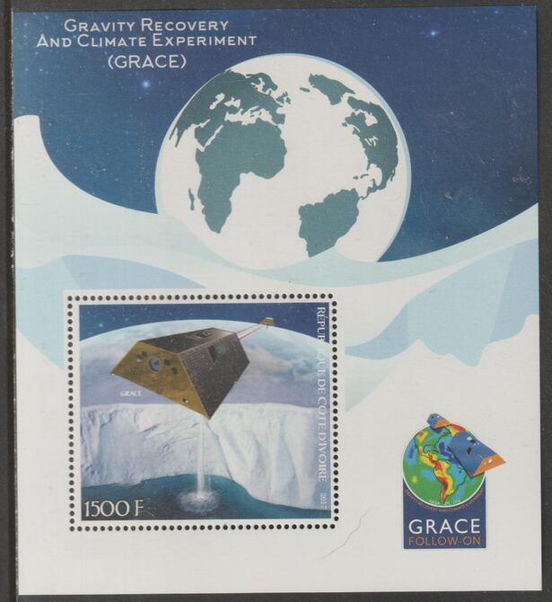 Ivory Coast 2017 Gravity Recovery & Climate Experiment (GRACE) perf m/sheet containing one value unmounted mint, stamps on climate, stamps on environment