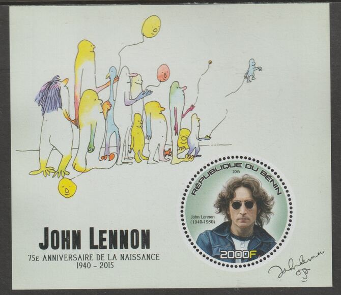 Benin 2015 John Lennon perf deluxe m/sheet containing one circular value unmounted mint, stamps on shape, stamps on personalities, stamps on music, stamps on beatles, stamps on lennon