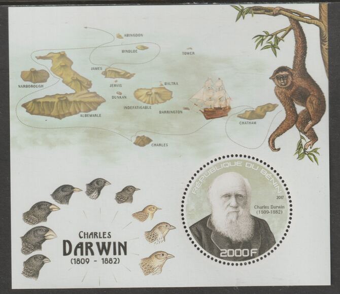 Benin 2017 Charles Darwin perf deluxe m/sheet containing one circular value unmounted mint, stamps on shape, stamps on personalities, stamps on darwin, stamps on apes, stamps on birds, stamps on ships