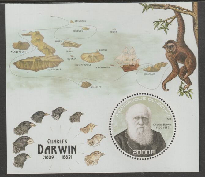 Benin 2017 Charles Darwin perf deluxe m/sheet containing one circular value unmounted mint, stamps on , stamps on  stamps on shape, stamps on  stamps on personalities, stamps on  stamps on darwin, stamps on  stamps on apes, stamps on  stamps on birds, stamps on  stamps on ships