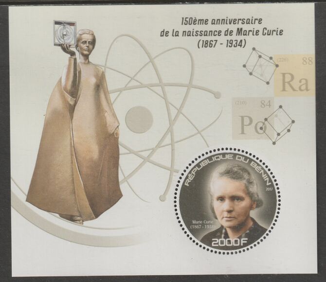 Benin 2017 Marie Curie perf deluxe m/sheet containing one circular value unmounted mint, stamps on , stamps on  stamps on shape, stamps on  stamps on personalities, stamps on  stamps on curie, stamps on  stamps on nobel, stamps on  stamps on medical