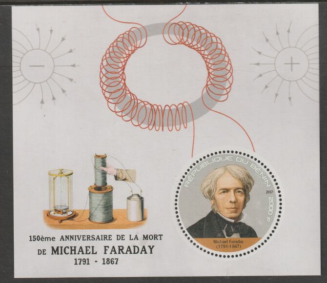 Benin 2017 Michael Faraday perf deluxe m/sheet containing one circular value unmounted mint, stamps on , stamps on  stamps on shape, stamps on  stamps on personalities, stamps on  stamps on faraday, stamps on  stamps on science, stamps on  stamps on electricity