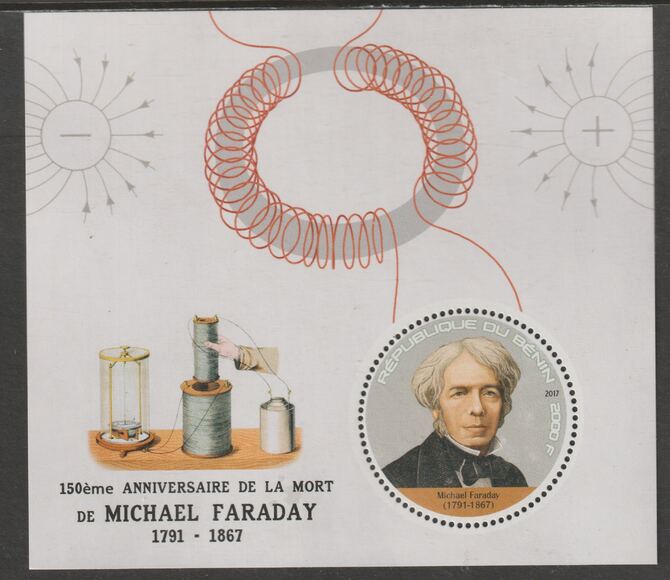 Benin 2017 Michael Faraday perf deluxe m/sheet containing one circular value unmounted mint, stamps on shape, stamps on personalities, stamps on faraday, stamps on science, stamps on electricity