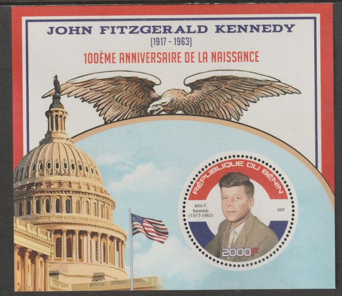 Benin 2017 John F Kennedy Birth Centenary perf deluxe m/sheet containing one circular value unmounted mint, stamps on shape, stamps on personalities, stamps on kennedy, stamps on us presidents